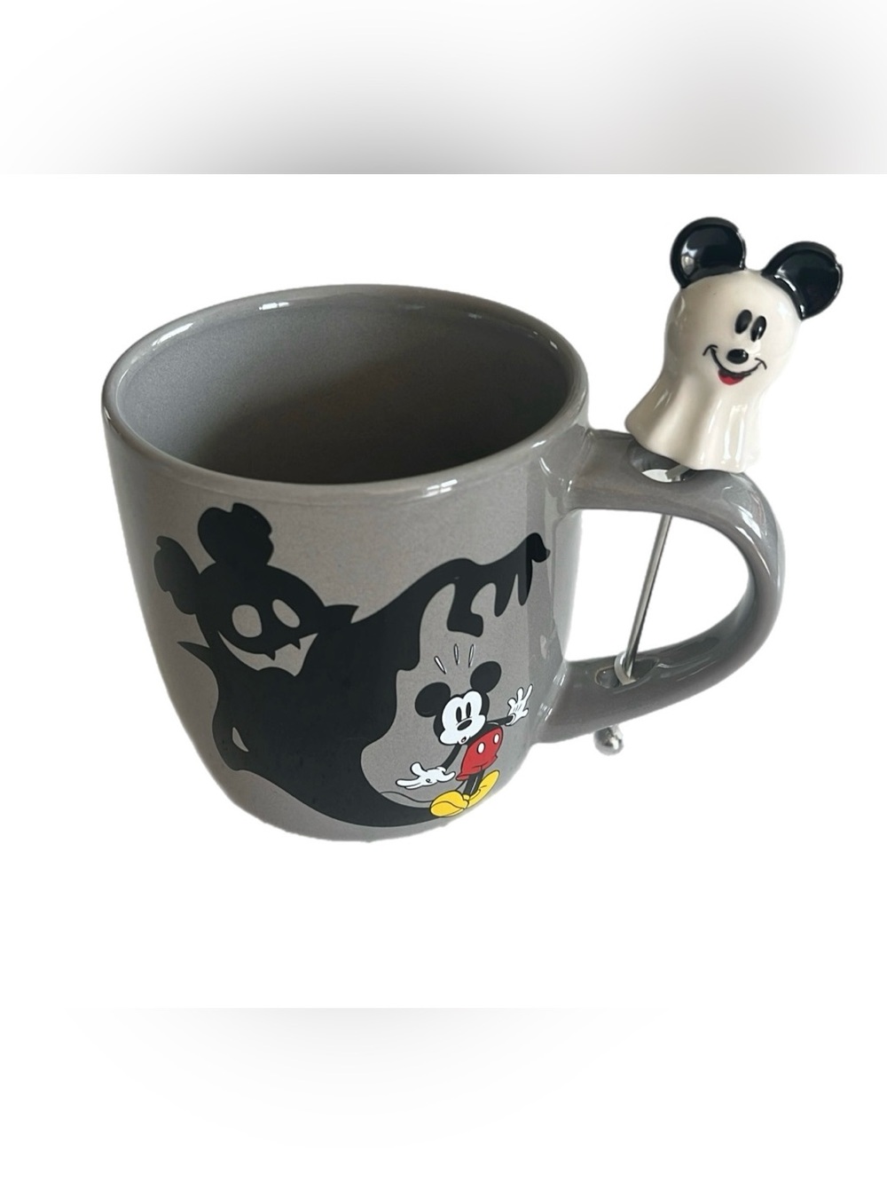Disney Halloween Mickey Mouse Ghost Grey Mug with Ghost Stirrer New